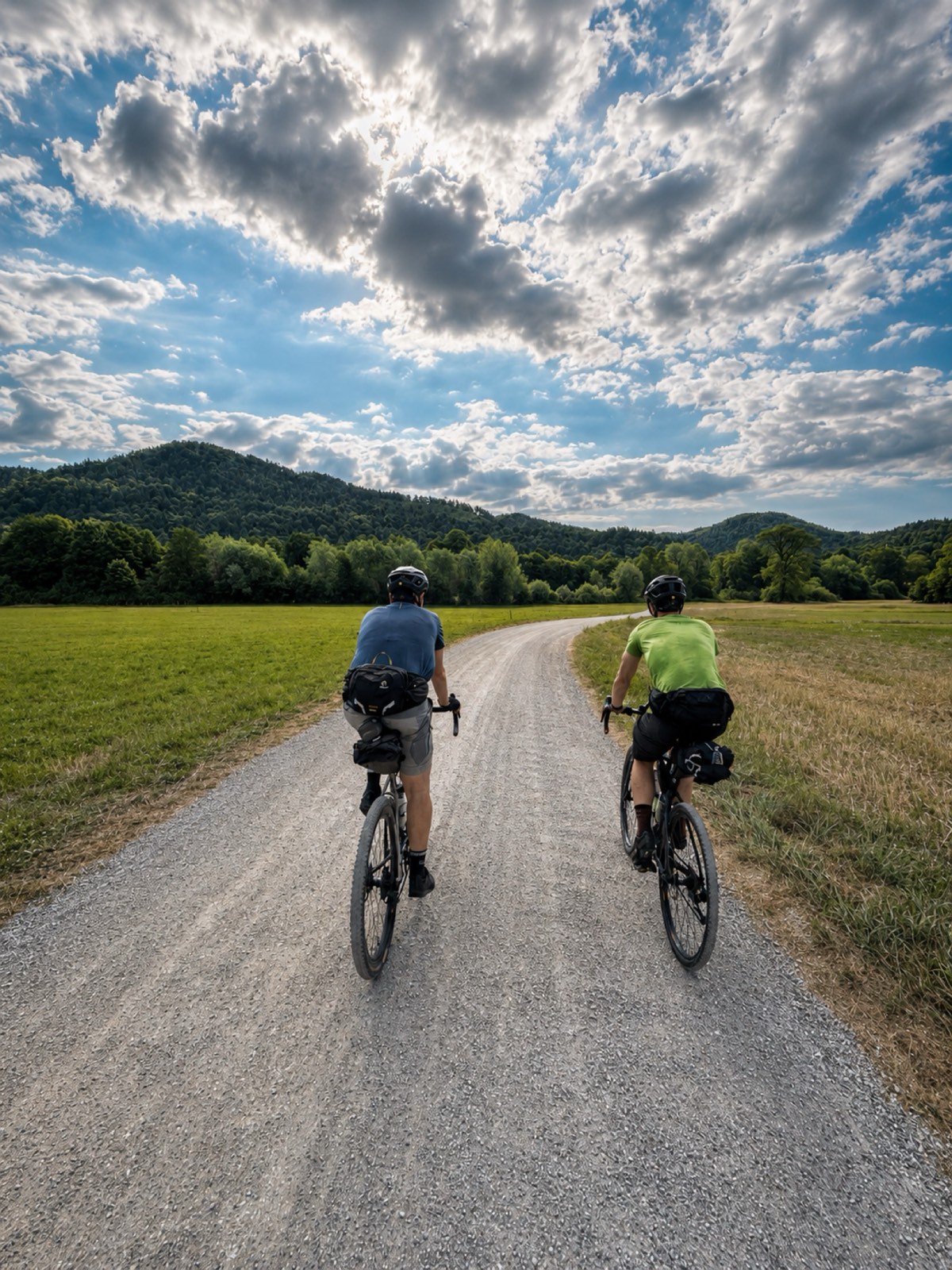 Gravel road climbing through forest
