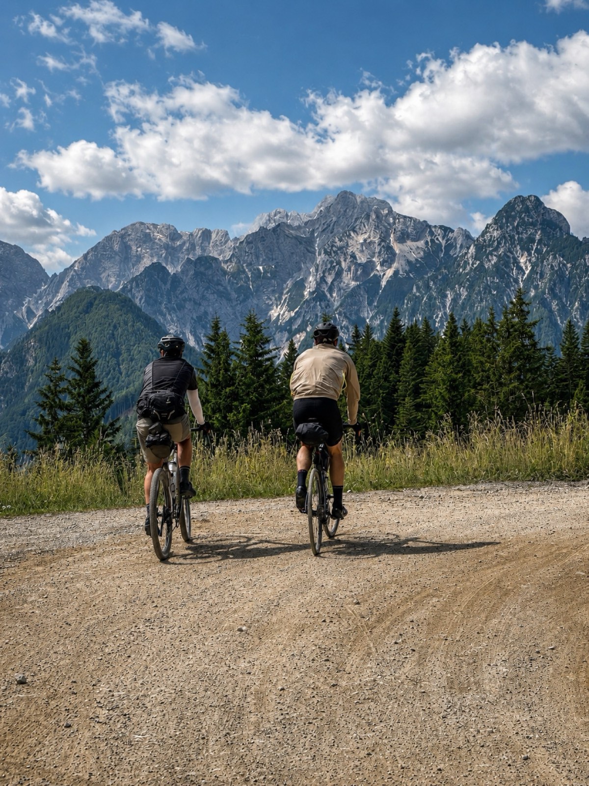 Two riders on a gravel road below the Kamnik–Savinja Alps, near Logar Valley