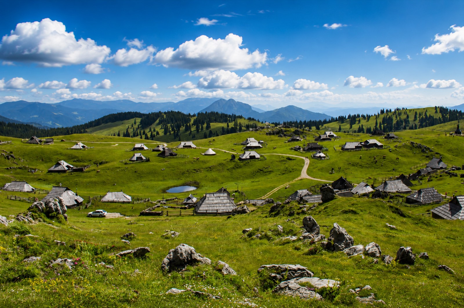Herdsmen's huts across the Velika planina plateau