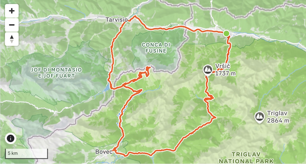 Map of the Vršič and Mangart loop from Kranjska Gora through Bovec, Mangart, Predel and Tarvisio
