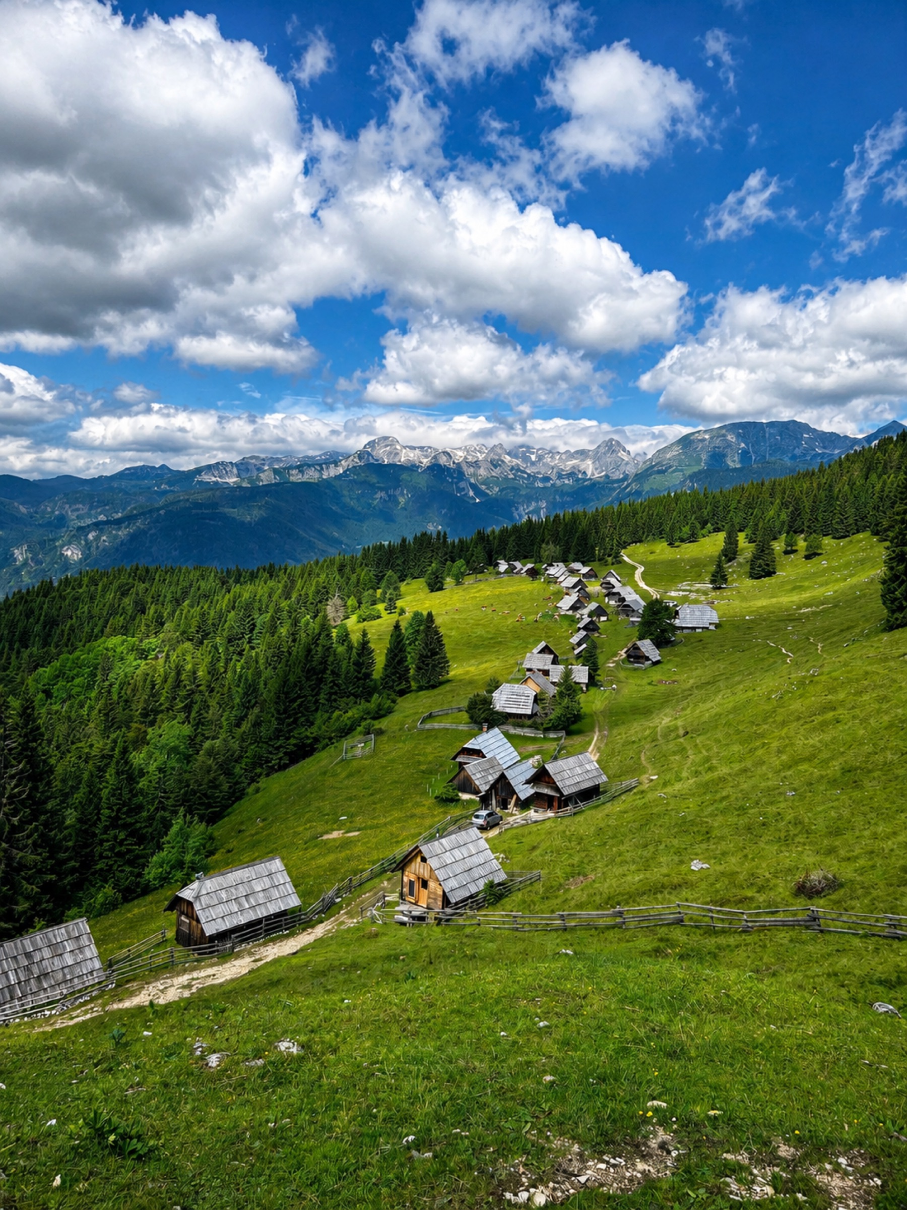 Mountain pasture and dark wooden huts on the Pokljuka plateau